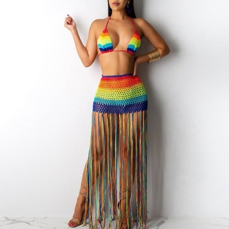 Ladies Tropical Rainbow Crochet Tassel 2 Piece Beach Set 