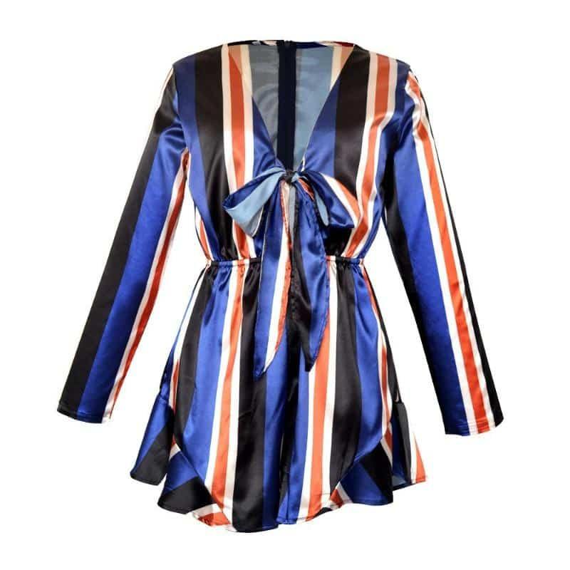 USA SIZE Sexy Deep V Bow Women's Jumpsuit Casual Vacation Wind Stripe Long Sleeve Shorts Women's - Beauty and Trends 